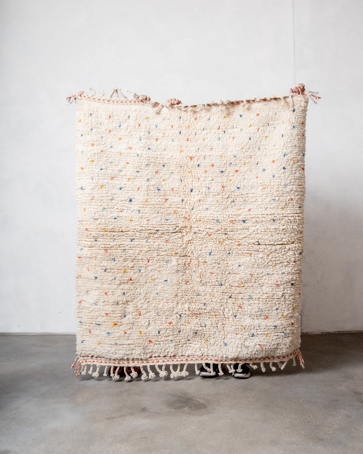 Modern, designer, handcrafted Berber rug from Morocco. Beniourain carpet with beautiful colours and patterns and fluffy wool texture.